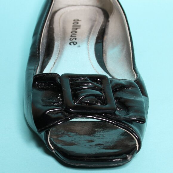 Peep Toe Bow Tie Flats Shiny Patent Black 7 - Picture 4 of 9